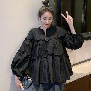 Puff-sleeve Frill Trim Blouse Black - One Size