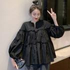 Puff-sleeve Frill Trim Blouse Black - One Size
