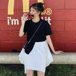 Mock Two-piece Short-sleeve Irregular Dress As Shown In Figure - One Size