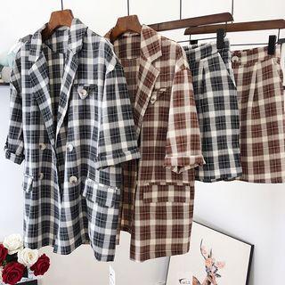 Set: Elbow-sleeve Plaid Double Breasted Blazer + Wide-leg Shorts