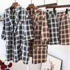 Set: Elbow-sleeve Plaid Double Breasted Blazer + Wide-leg Shorts