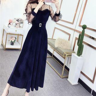 Long-sleeve Mesh Panel A-line Midi Velvet Dress
