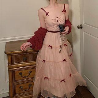 Set: Spaghetti Strap Bow Midi A-line Dress + Cardigan