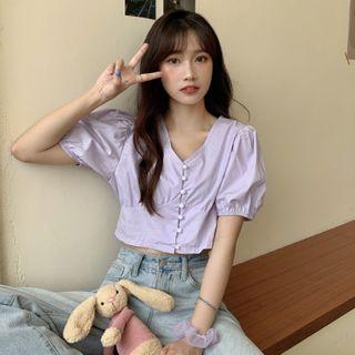 Puff-sleeve Buttoned V-neck Crop Top