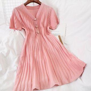 Short-sleeve Knit V-neck Mini A-line Dress