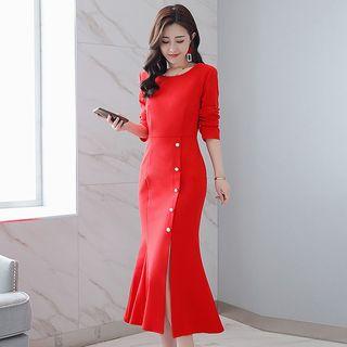 Side Slit Midi Long-sleeve Sheath Dress