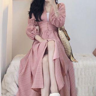 Set: Puff-sleeve V-neck Midi A-line Dress + Camisole Top