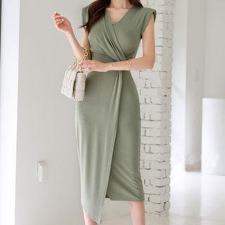 Sleeveless V-neck Asymmetrical Midi Sheath Dress