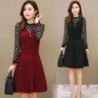 Dotted Panel Long-sleeve A-line Dress
