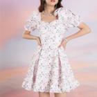 Puff Short-sleeve Square-neck Bow Floral Dress
