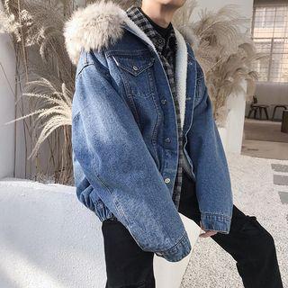 Faux-fur Fleece-lined Hooded Denim Jacket