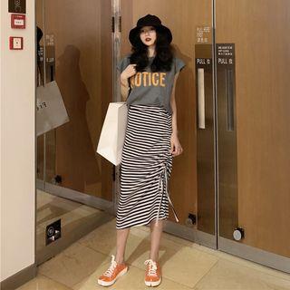 Lettering Tank Top / Striped Midi Skirt
