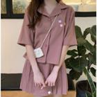 Flower Elbow-sleeve Shirt / Pleat Mini Skirt