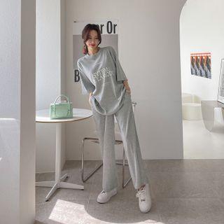 Set: Elbow-sleeve Ribbed T-shirt + Loose-fit Pants