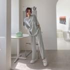 Set: Elbow-sleeve Ribbed T-shirt + Loose-fit Pants