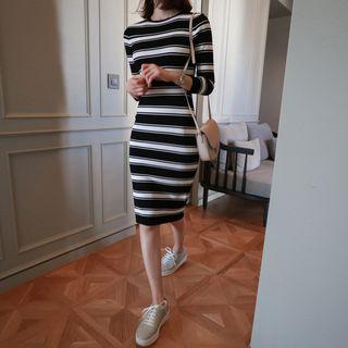 Striped 3/4-sleeve Knit Sheath Dress