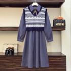 Patterned Sweater Vest / Long-sleeve Collared Midi A-line Dress / Set