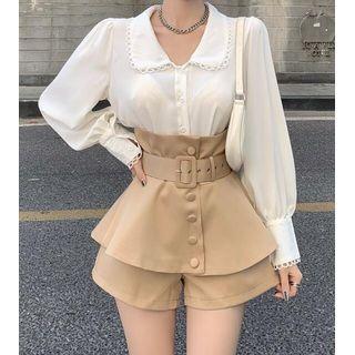 Plain Blouse / High Waist Belt Waist Shorts