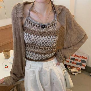 Set: Spaghetti Strap Knit Top + Cardigan Set Of 2 - Coffee Cardigan & Spaghetti Strap Top - Coffee & White - One Size