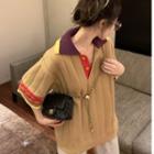 Short-sleeve Color-block Sweater Khaki - One Size
