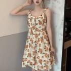 Sleeveless Tie Strap Floral Printed Dress As Shown In Figure - One Size