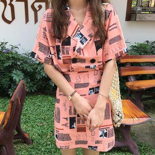 Set: Short-sleeve Printed Shirt + Mini Printed A-line Skirt