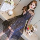 Set: Long-sleeve Mesh Top + Spaghetti Strap Floral Print Midi A-line Dress