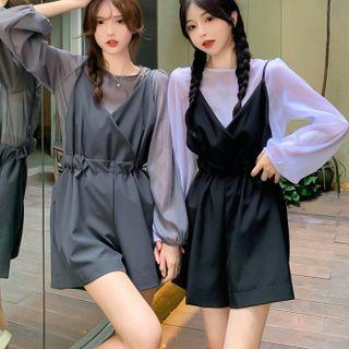Set: Puff-sleeve Blouse + Spaghetti Strap Romper