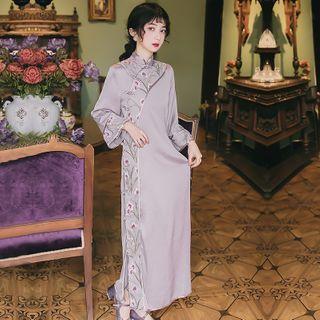 Long-sleeve Floral Embroidered Maxi Qipao Dress