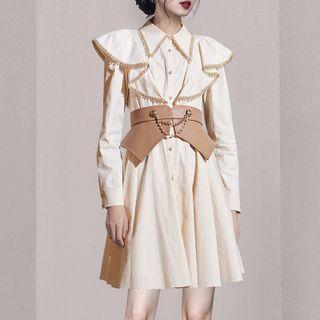 Set: Embellished Trim Mini A-line Shirtdress + Chain Waist Belt
