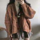 Cable Knit Cardigan / Turtleneck Sweater / Plaid Mini A-line Skirt