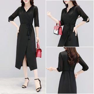 Wrap Front 3/4-sleeve A-line Midi Dress