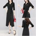 Wrap Front 3/4-sleeve A-line Midi Dress