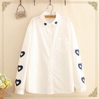Pocket-front Heart-print Long-sleeve Shirt As Shown In Figure - One Size