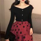 Long-sleeve Off-shoulder Knit Top / Midi Dotted Layered Skirt