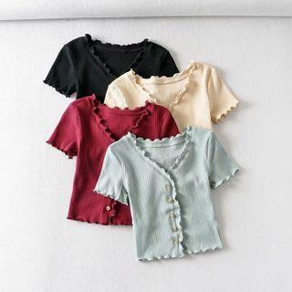 Plain Lettuce Edge Short-sleeve Cropped Cardigan