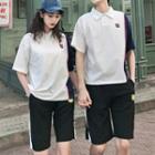 Couple Matching Color Block Short-sleeve Polo Shirt / Smile Embroidered Shorts