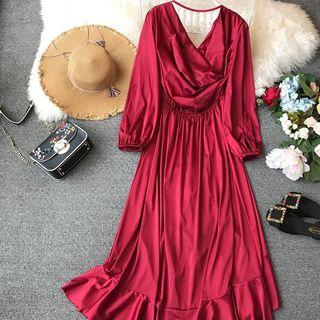 Long-sleeve Frill-trim A-line Maxi Dress