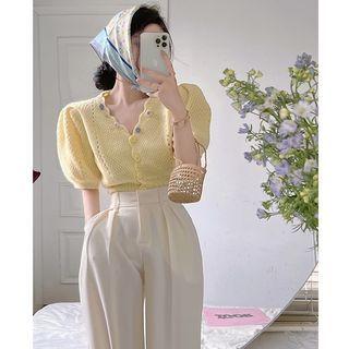 Flower-accent V-neck Knit Top / High-waist Straight-cut Dress Pants