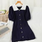 Short-sleeve Doll-collar Knit Mini Dress Navy Blue - One Size