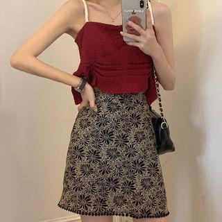 Two-tone Shirred Cropped Camisole Top / Floral Mini A-line Skirt