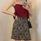 Two-tone Shirred Cropped Camisole Top / Floral Mini A-line Skirt