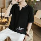 Crane Embroidered Short-sleeve Top