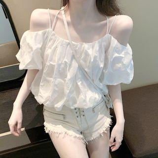Puff-sleeve Off-shoulder Cropped Top White - One Size