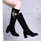 Faux Suede Butterfly Print Chunky-heel Tall Boots