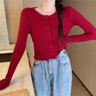 Plain Lettuce Edge Cropped Cardigan