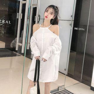Cold-shoulder Mini Shirt Dress White - One Size