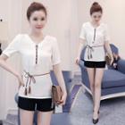Short-sleeve V-neck Tie-waist Top