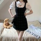Short-sleeve Cutout Blouse / Sleeveless Plaid Mini Dress