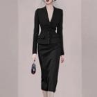 Set: Long-sleeve Single-breasted Jacket + Midi Pencil Skirt